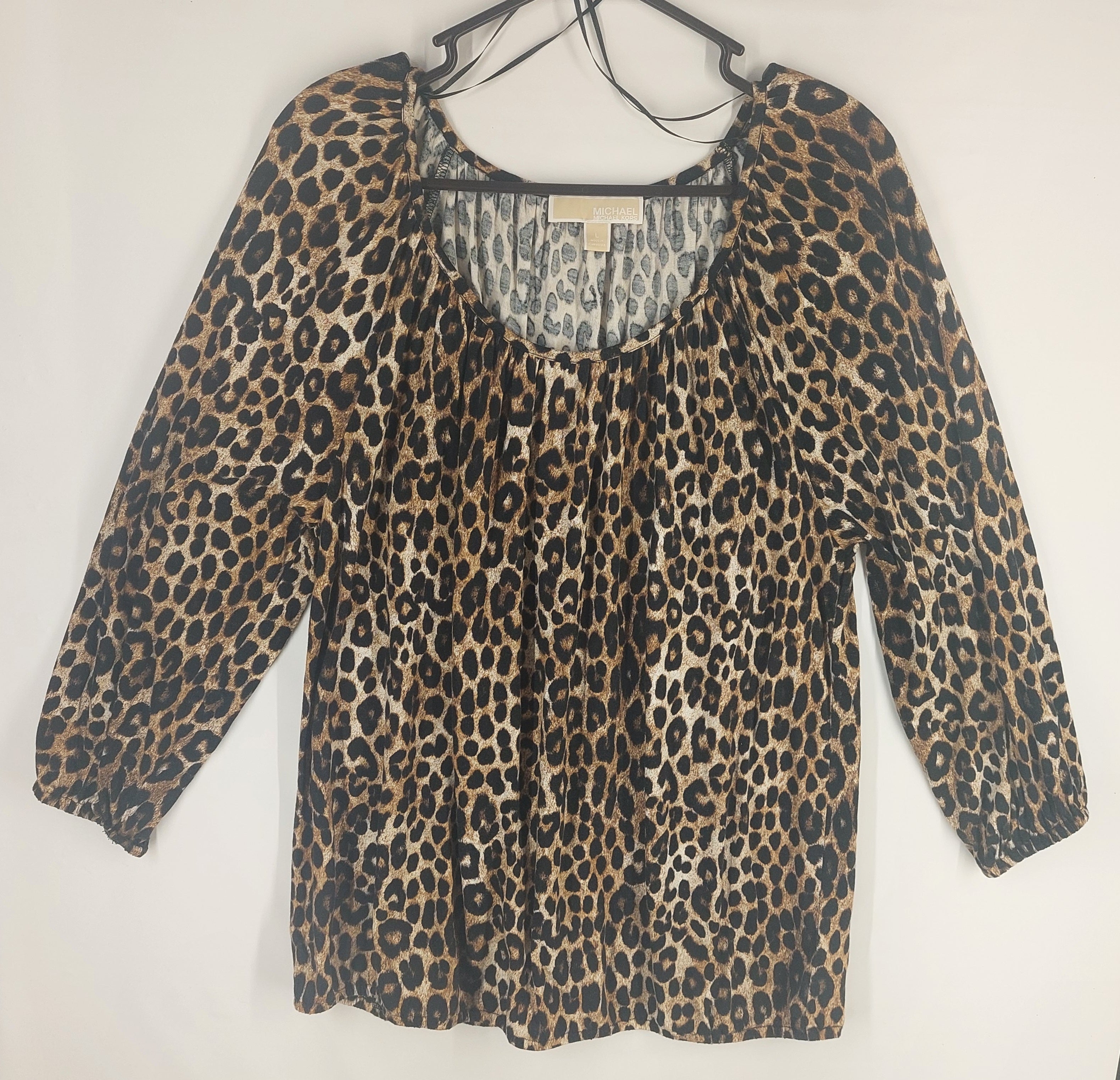 9-15 Michael Kors Large Leopard Print Peasant Blouse 3/4 Sleeve Animal Print