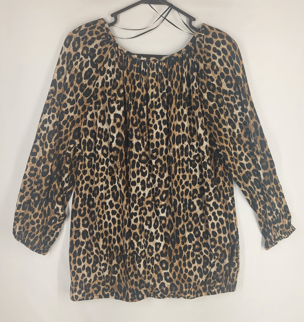 9-15 Michael Kors Large Leopard Print Peasant Blouse 3/4 Sleeve Animal Print