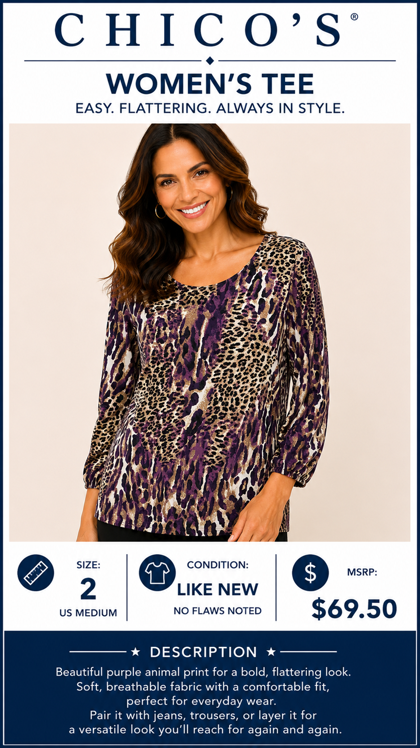2 24 Chicos purple black brown animal print Tee long sleeve Size 2