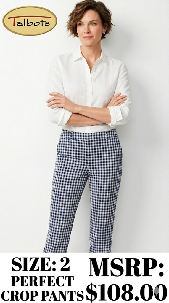 5 15 Talbots Perfect Crop Gingham Pants Navy/White Size 2