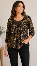 9-15 Michael Kors Large Leopard Print Peasant Blouse 3/4 Sleeve Animal Print