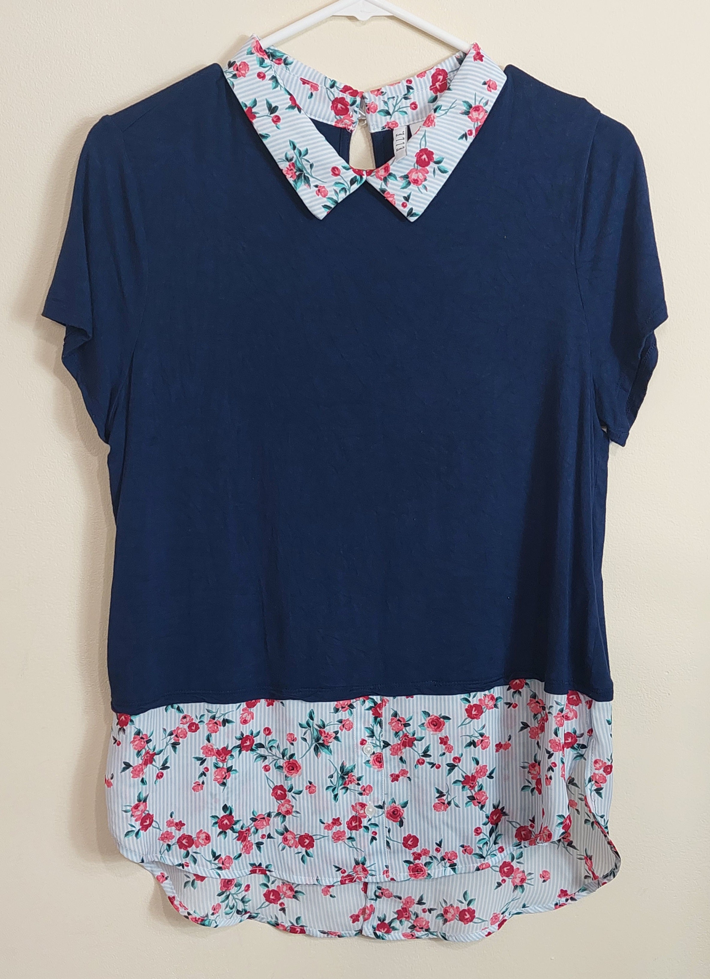 3 25 Elle M Layered Blouse Top Navy Blue, Light Blue, Pink Floral Collar Layered Look Top  Peter Pan Collar