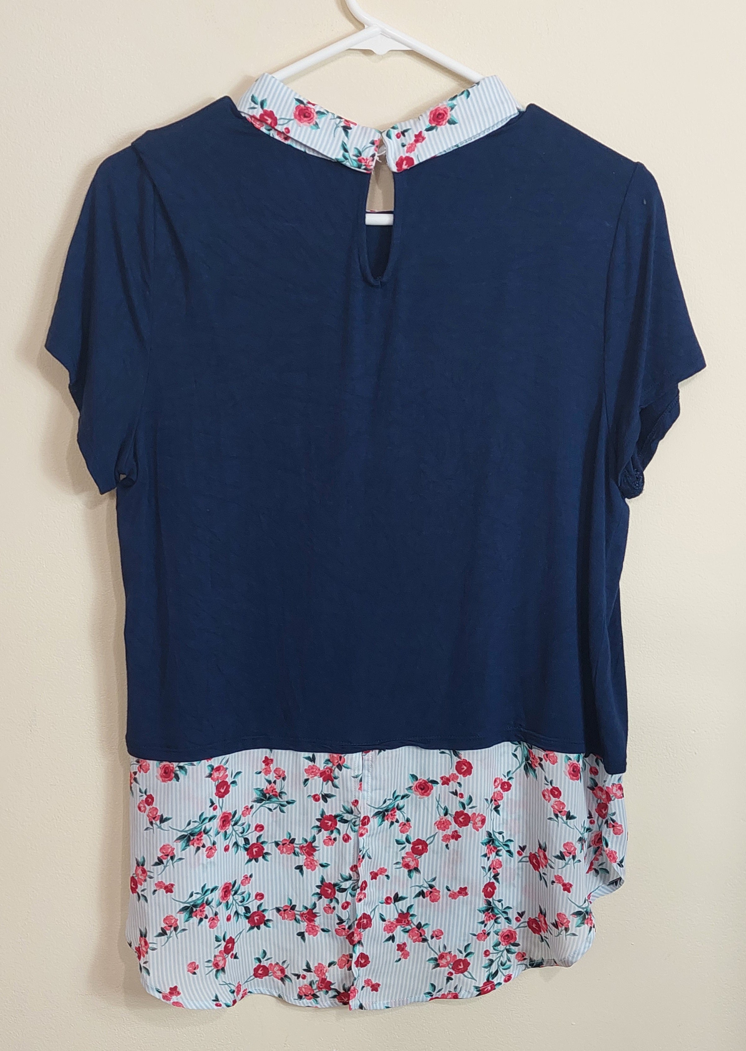 3 25 Elle M Layered Blouse Top Navy Blue, Light Blue, Pink Floral Collar Layered Look Top  Peter Pan Collar