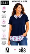 3 25 Elle M Layered Blouse Top Navy Blue, Light Blue, Pink Floral Collar Layered Look Top  Peter Pan Collar