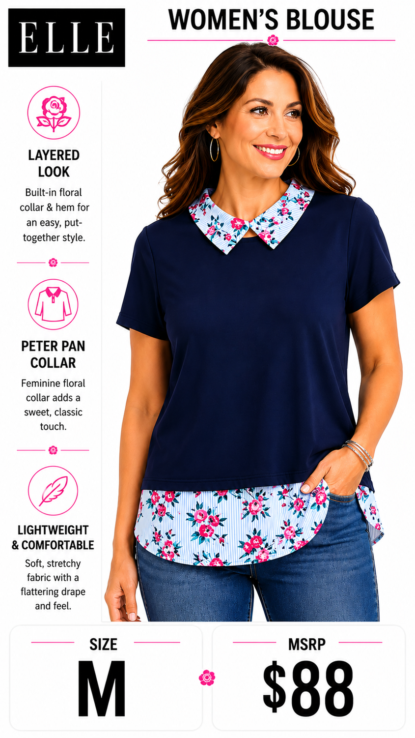 3 25 Elle M Layered Blouse Top Navy Blue, Light Blue, Pink Floral Collar Layered Look Top  Peter Pan Collar