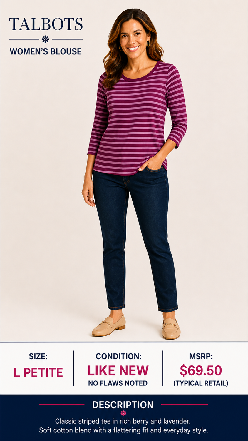 1 19 Talbots Stripe Maroon Blouse Size Large Petite