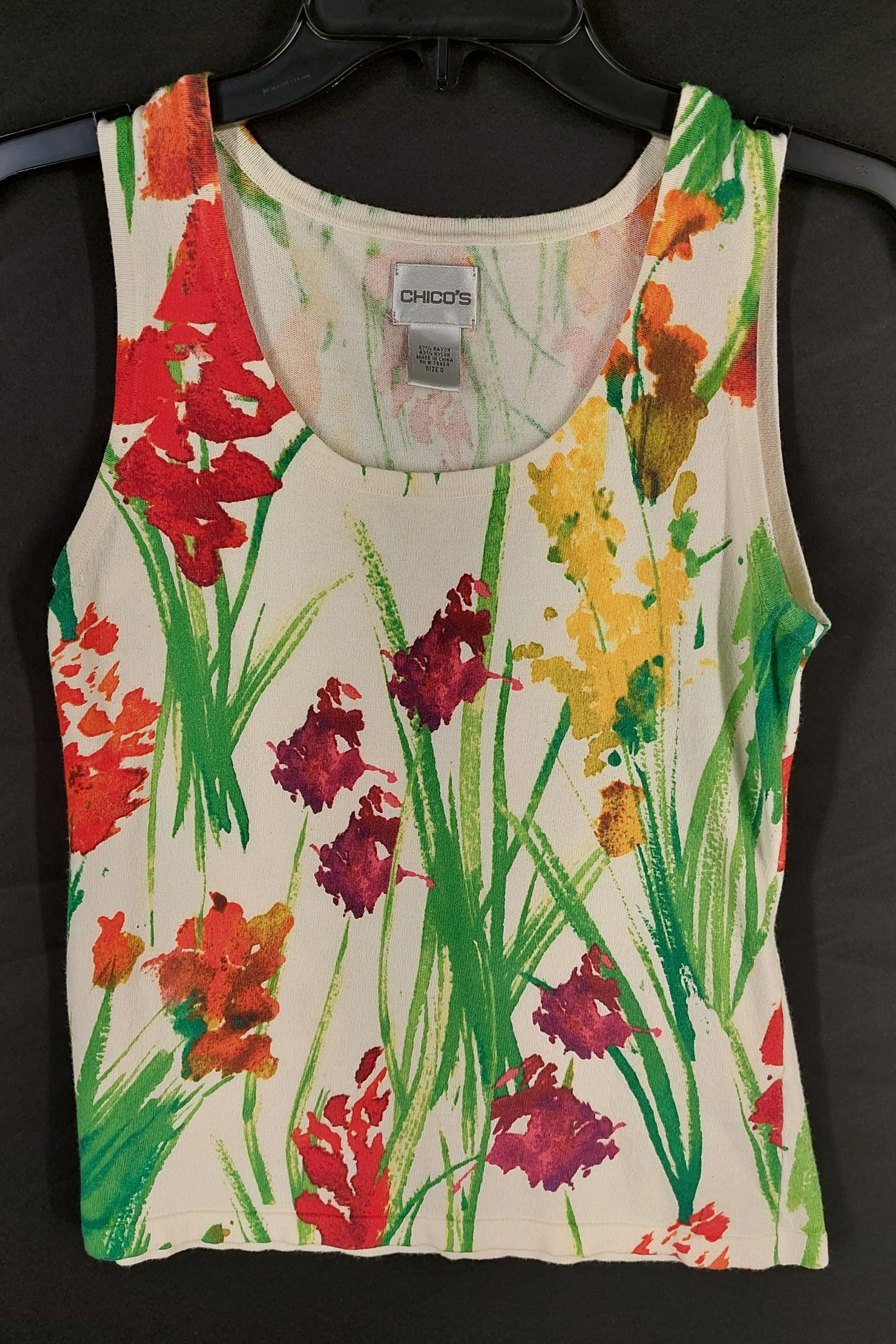 8-17 Chico's Small Floral Sleeveless Tank Top Watercolor Print Rayon Nylon