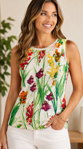 8-17 Chico's Small Floral Sleeveless Tank Top Watercolor Print Rayon Nylon