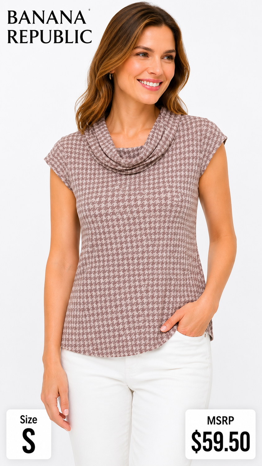 6 17 Banana Republic Womens Small Houndstooth Cowl Neck Knit Top