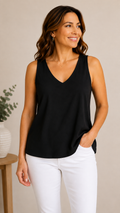 9-17 Chico’s Size Medium  Black Sleeveless Stretch Tank Top Scoop Neck Basic
