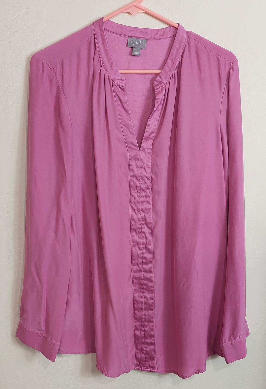 3 40 J Jill XL Long Sleeve Blouse Pink Split V Neck Lightweight Flowy Easy Fit