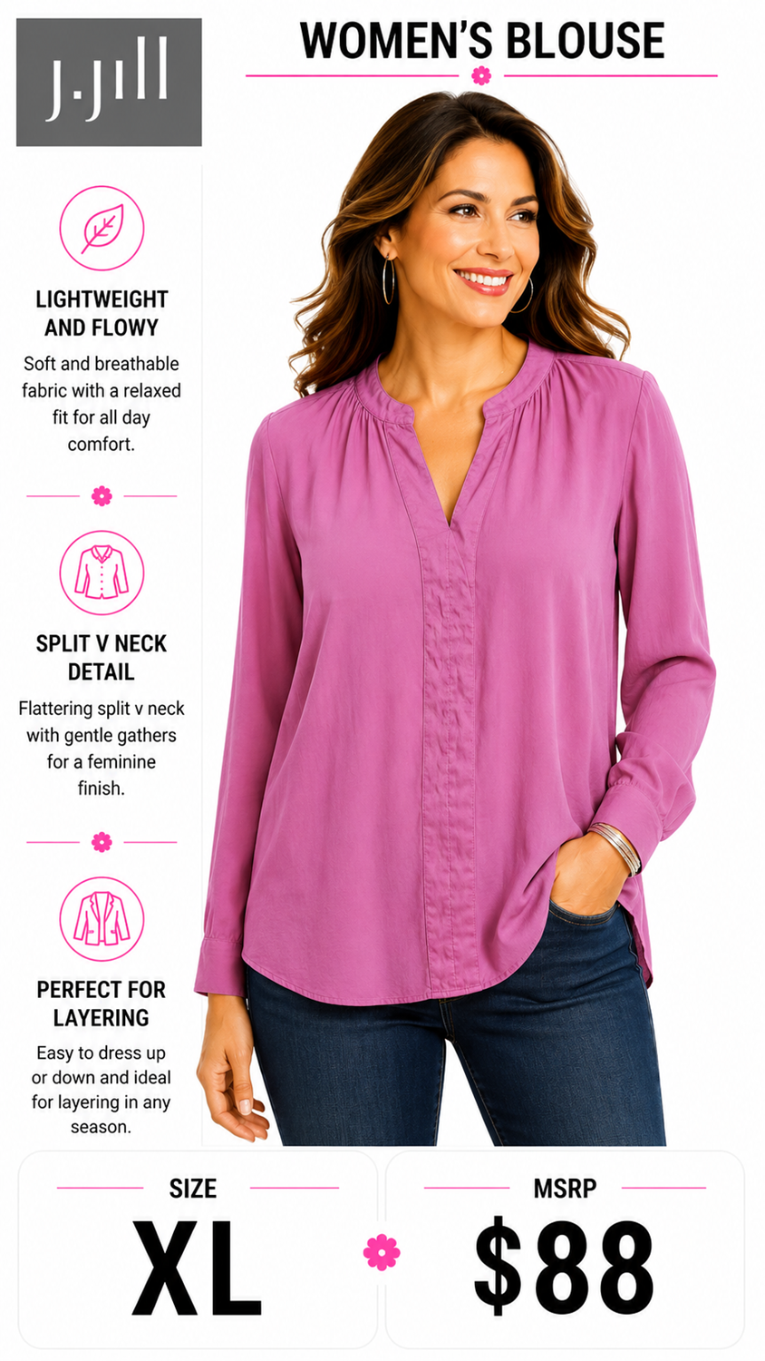 3 40 J Jill XL Long Sleeve Blouse Pink Split V Neck Lightweight Flowy Easy Fit