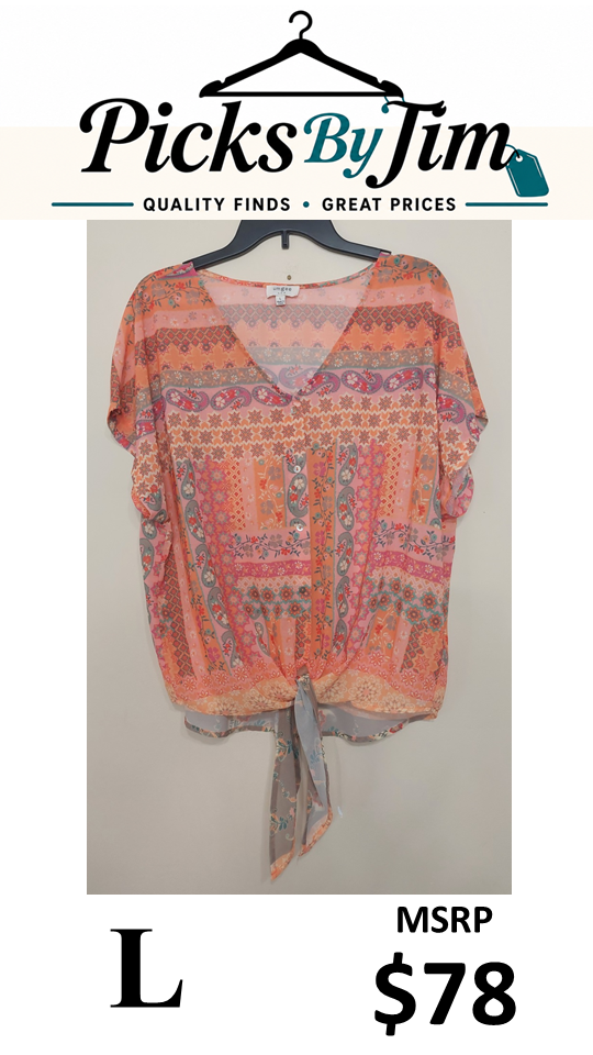 7 18 Umgee Size L Coral Boho Patchwork Tie Front Top