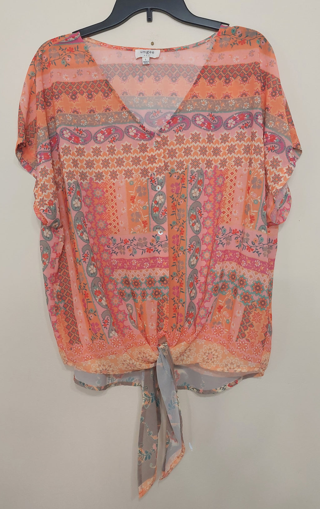 7 18 Umgee Size L Coral Boho Patchwork Tie Front Top