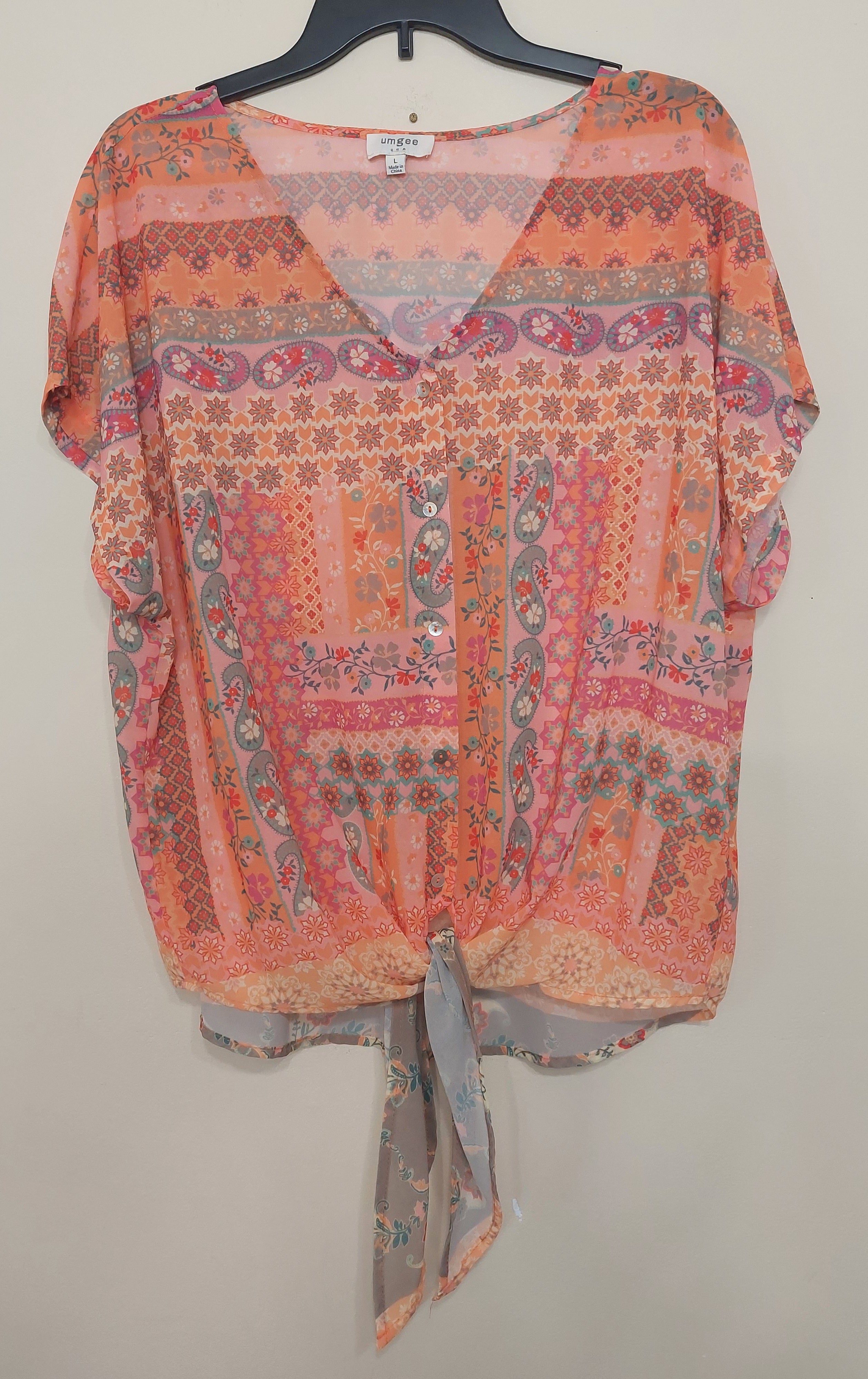 7 18 Umgee Size L Coral Boho Patchwork Tie Front Top
