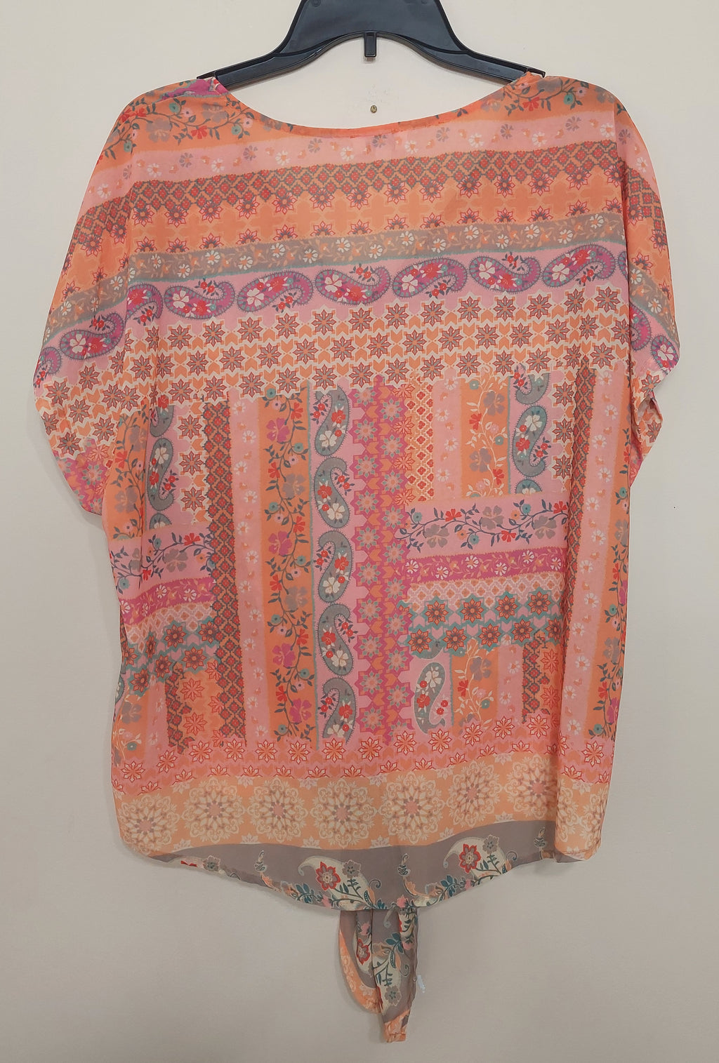 7 18 Umgee Size L Coral Boho Patchwork Tie Front Top