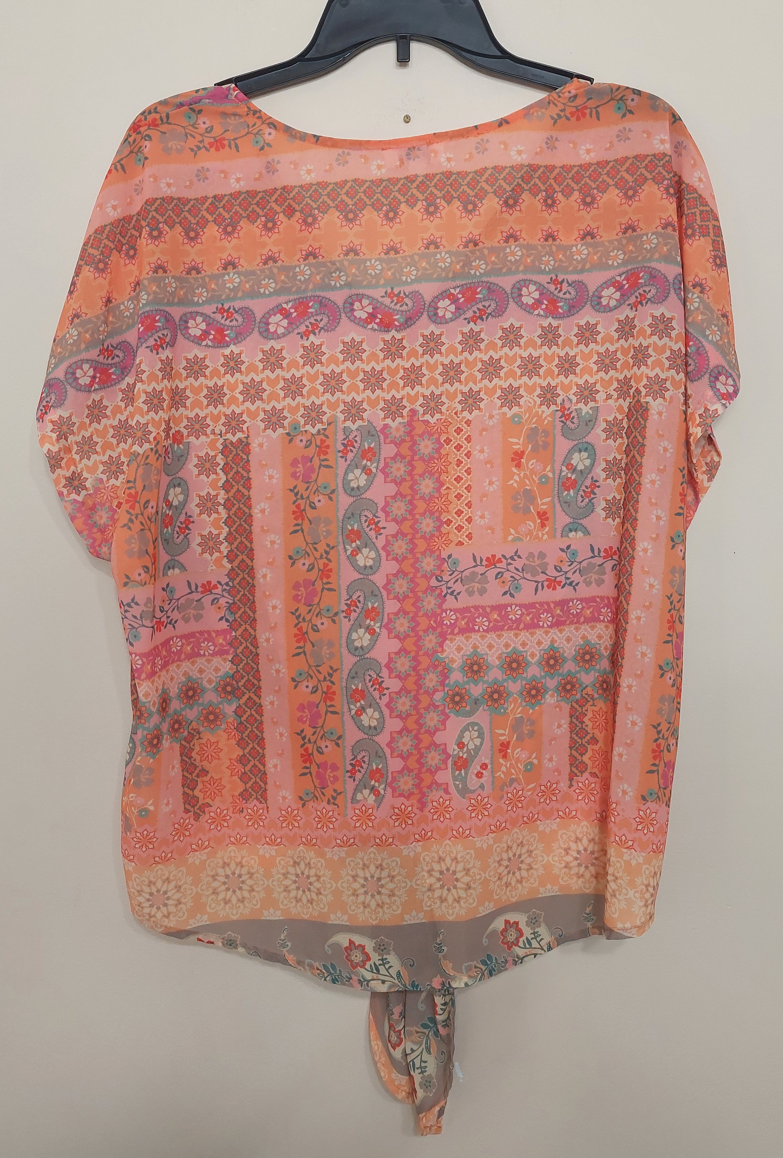 7 18 Umgee Size L Coral Boho Patchwork Tie Front Top