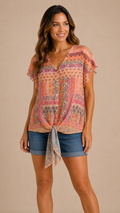 7 18 Umgee Size L Coral Boho Patchwork Tie Front Top