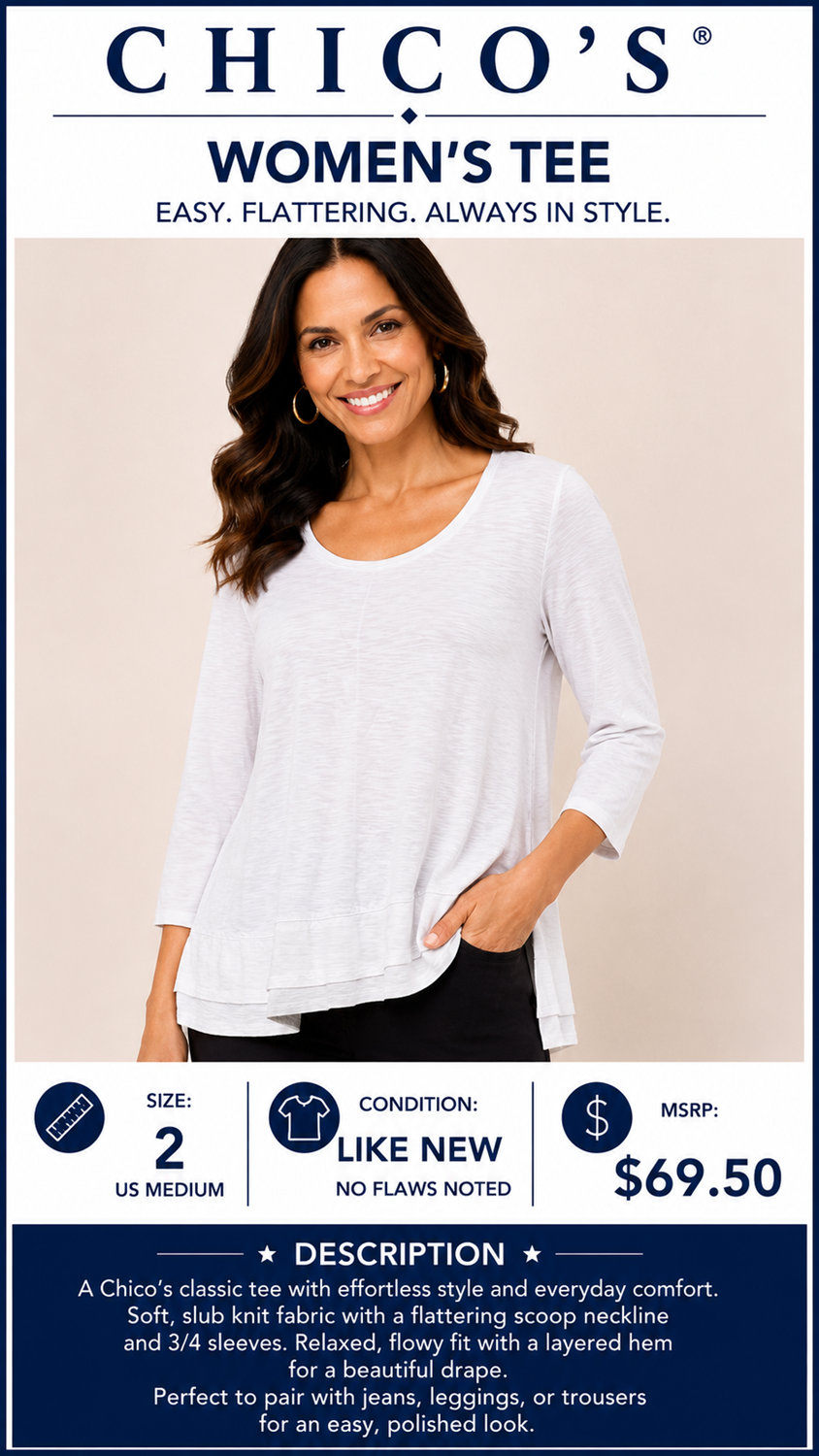 2 26 Chicos white  .75 sleeve Size 2