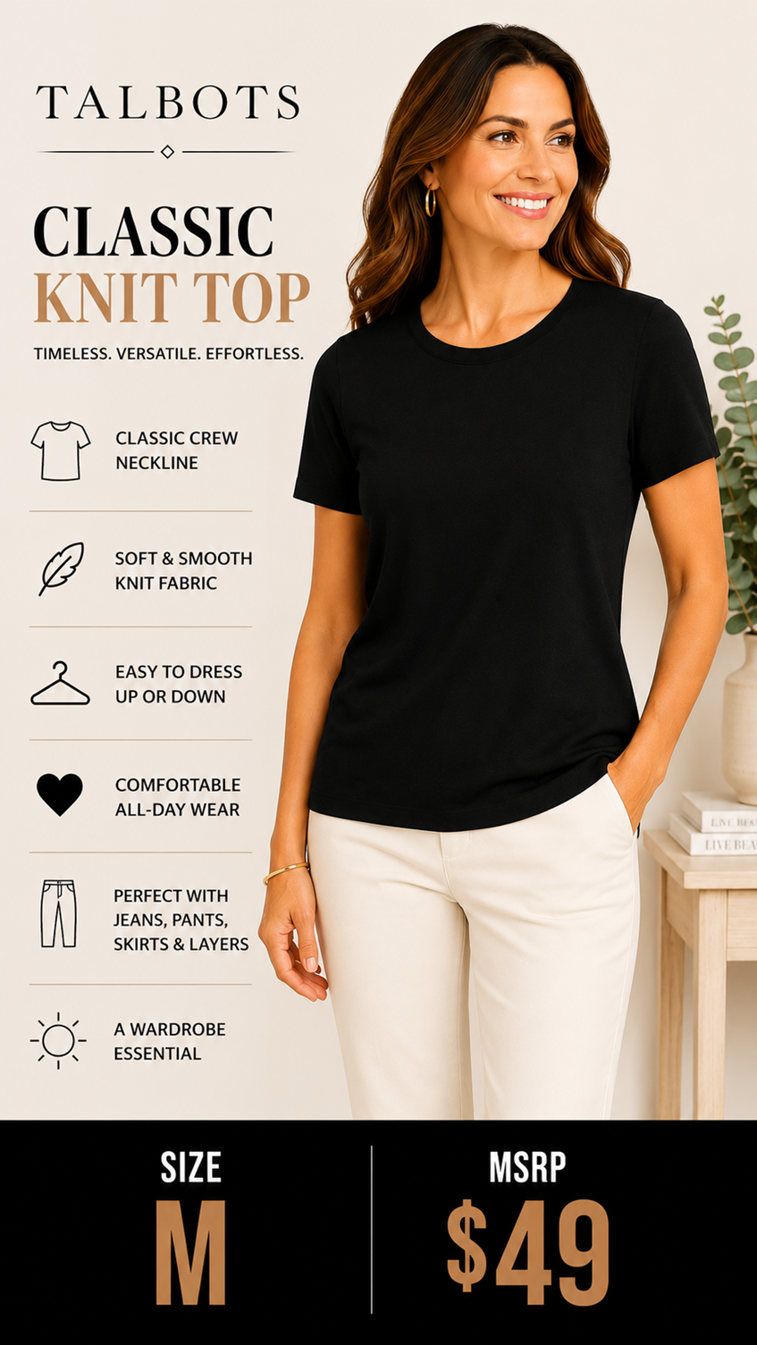 4 01 Talbots Black Knit Top Short Sleeve Classic Career Casual Tee Medium