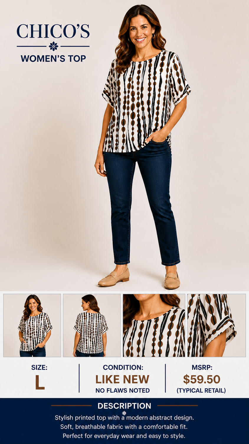 1 22 Chicos Brown Black White Short Sleeve Blouse Size Large