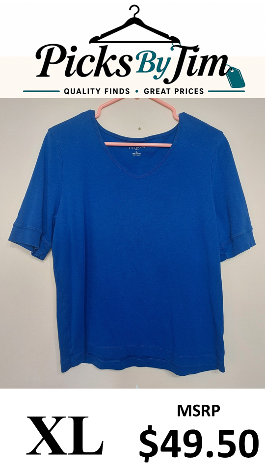 7 19 Talbots Size XL Blue Cotton V Neck Elbow Sleeve Top