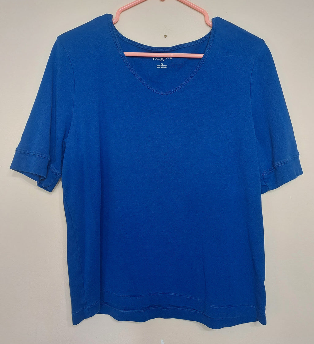 7 19 Talbots Size XL Blue Cotton V Neck Elbow Sleeve Top