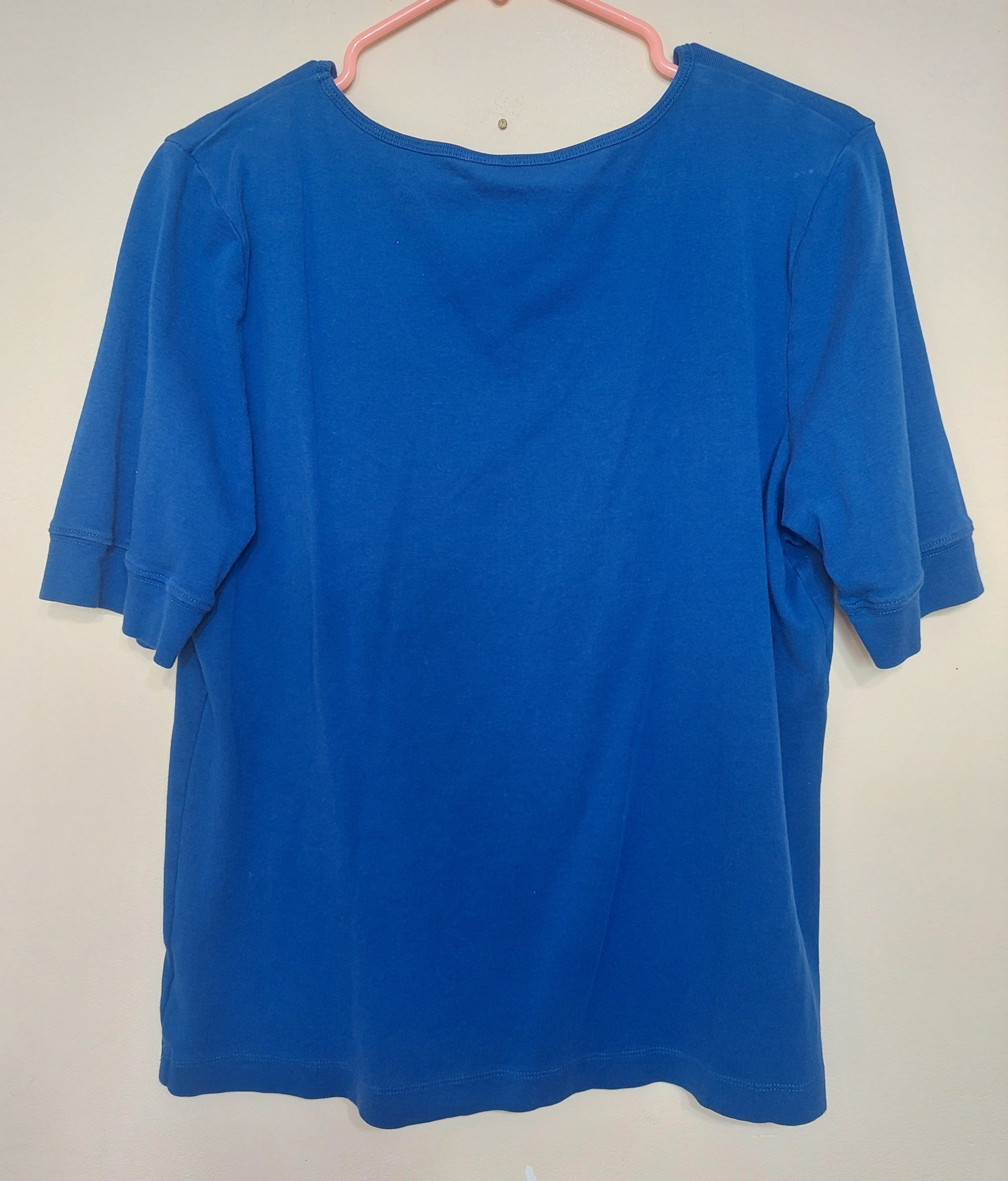 7 19 Talbots Size XL Blue Cotton V Neck Elbow Sleeve Top