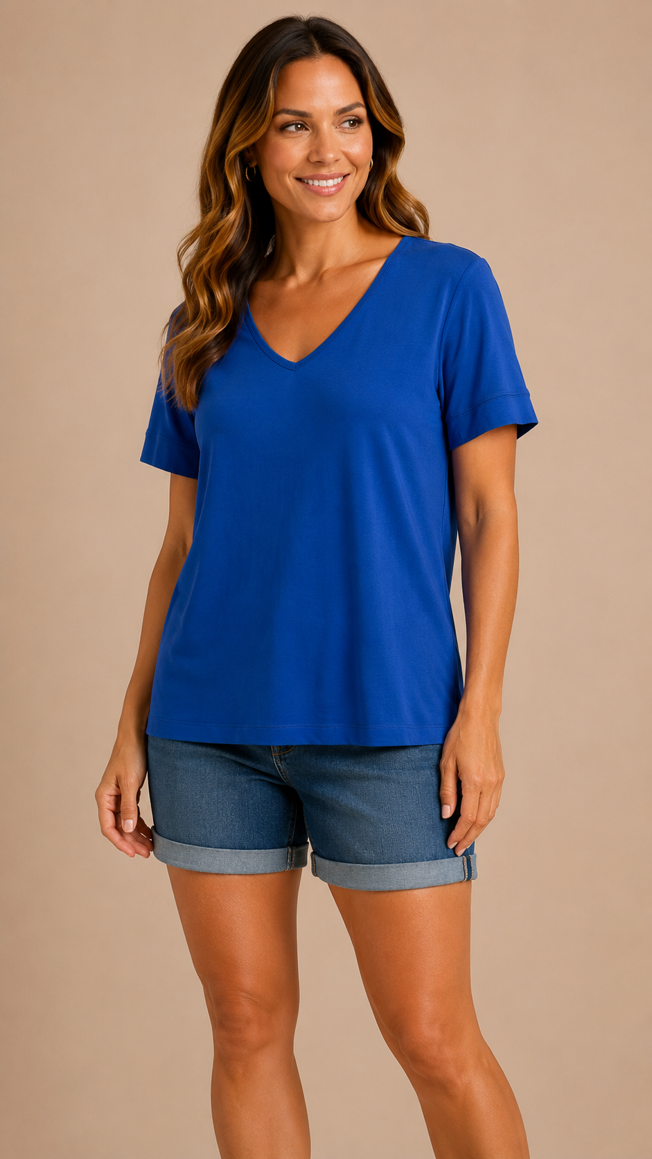 7 19 Talbots Size XL Blue Cotton V Neck Elbow Sleeve Top