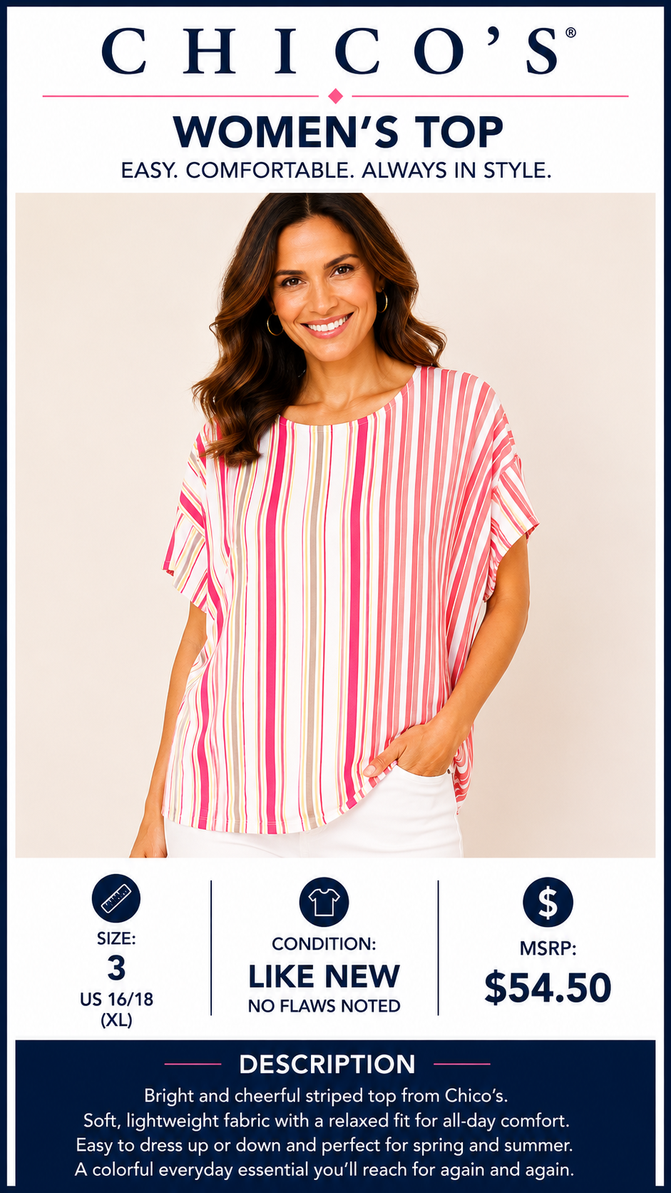 2 16 Chicos top Vertical striped red white beige Size 3