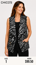 6 19 Chicos Size 1 Zebra Print Waterfall Zip Pocket Vest Womens