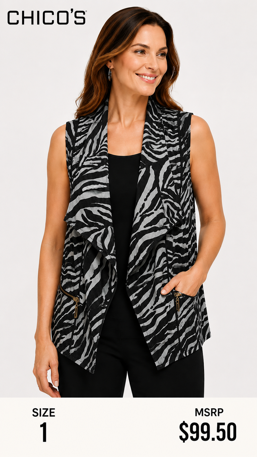 6 19 Chicos Size 1 Zebra Print Waterfall Zip Pocket Vest Womens