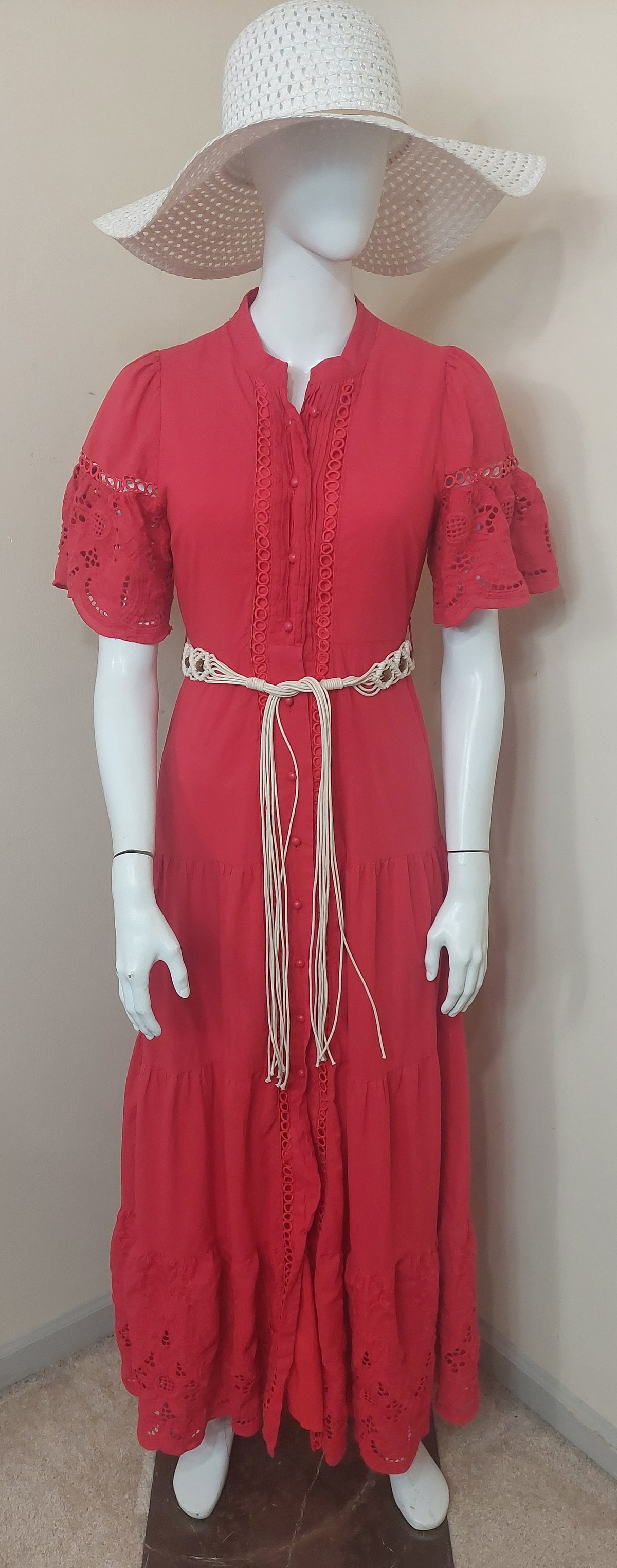 9-01 CHICWAYS Size S Red Eyelet Button Front Tiered Maxi Dress Belted