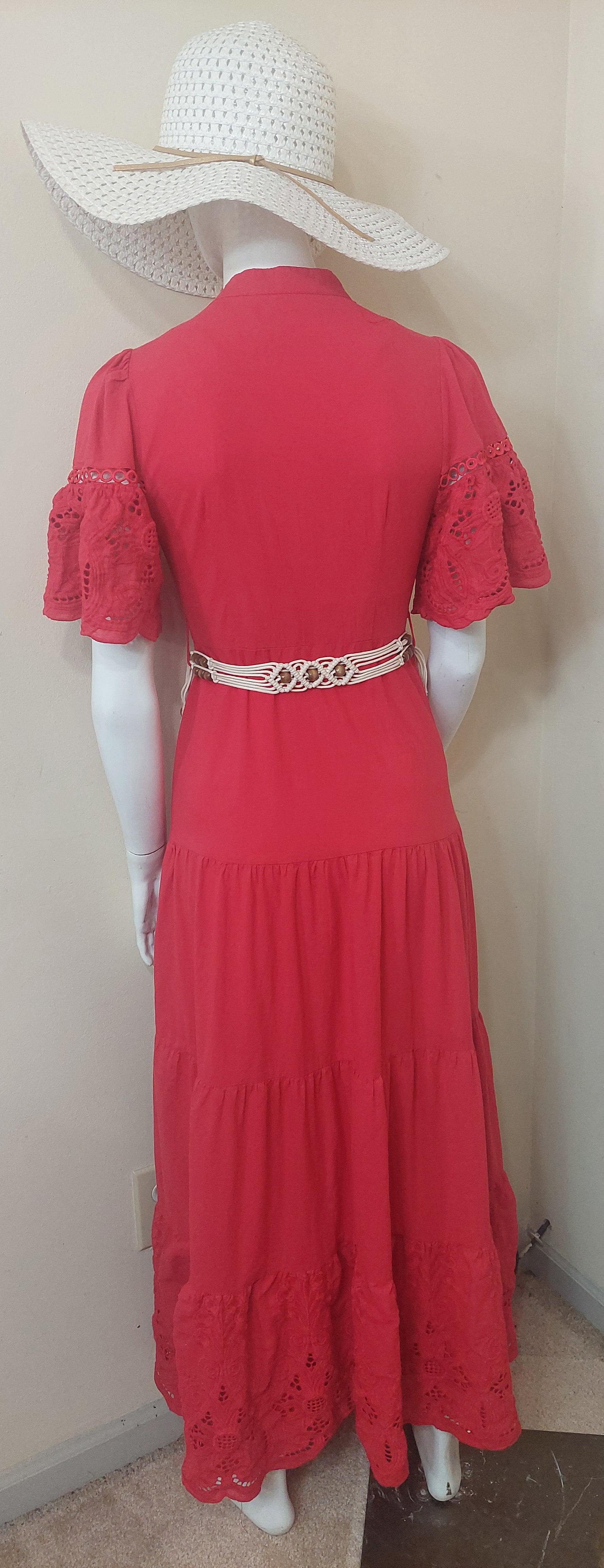 9-01 CHICWAYS Size S Red Eyelet Button Front Tiered Maxi Dress Belted