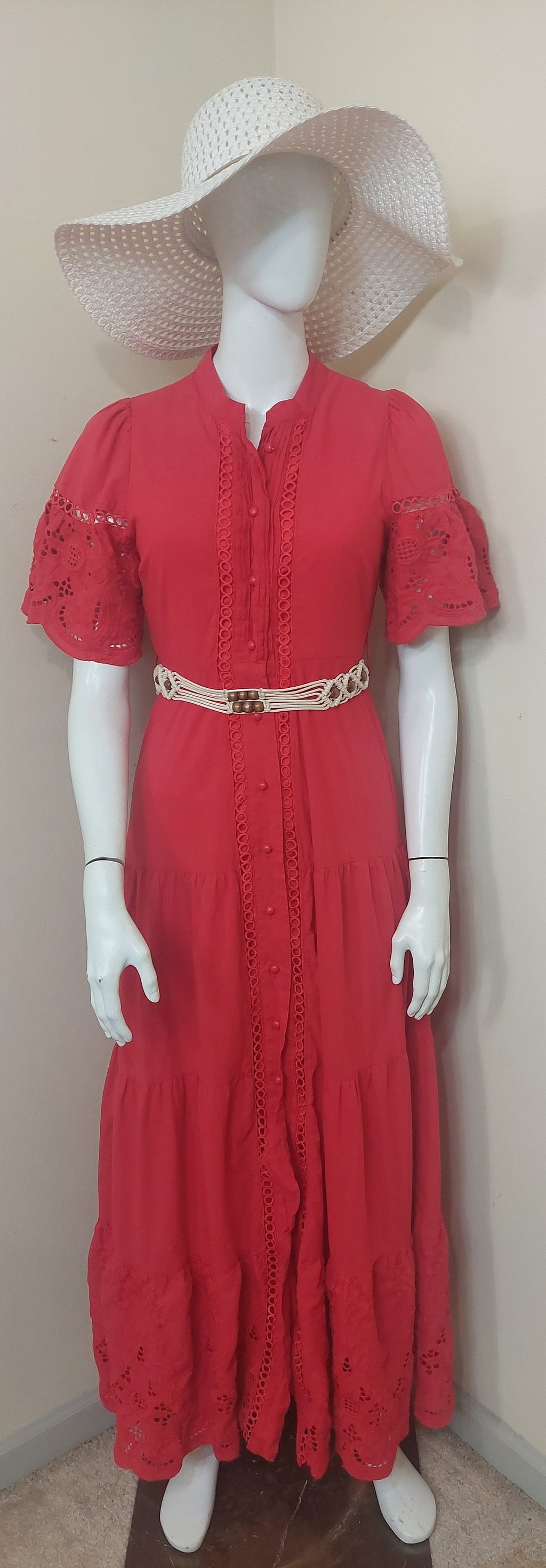9-01 CHICWAYS Size S Red Eyelet Button Front Tiered Maxi Dress Belted