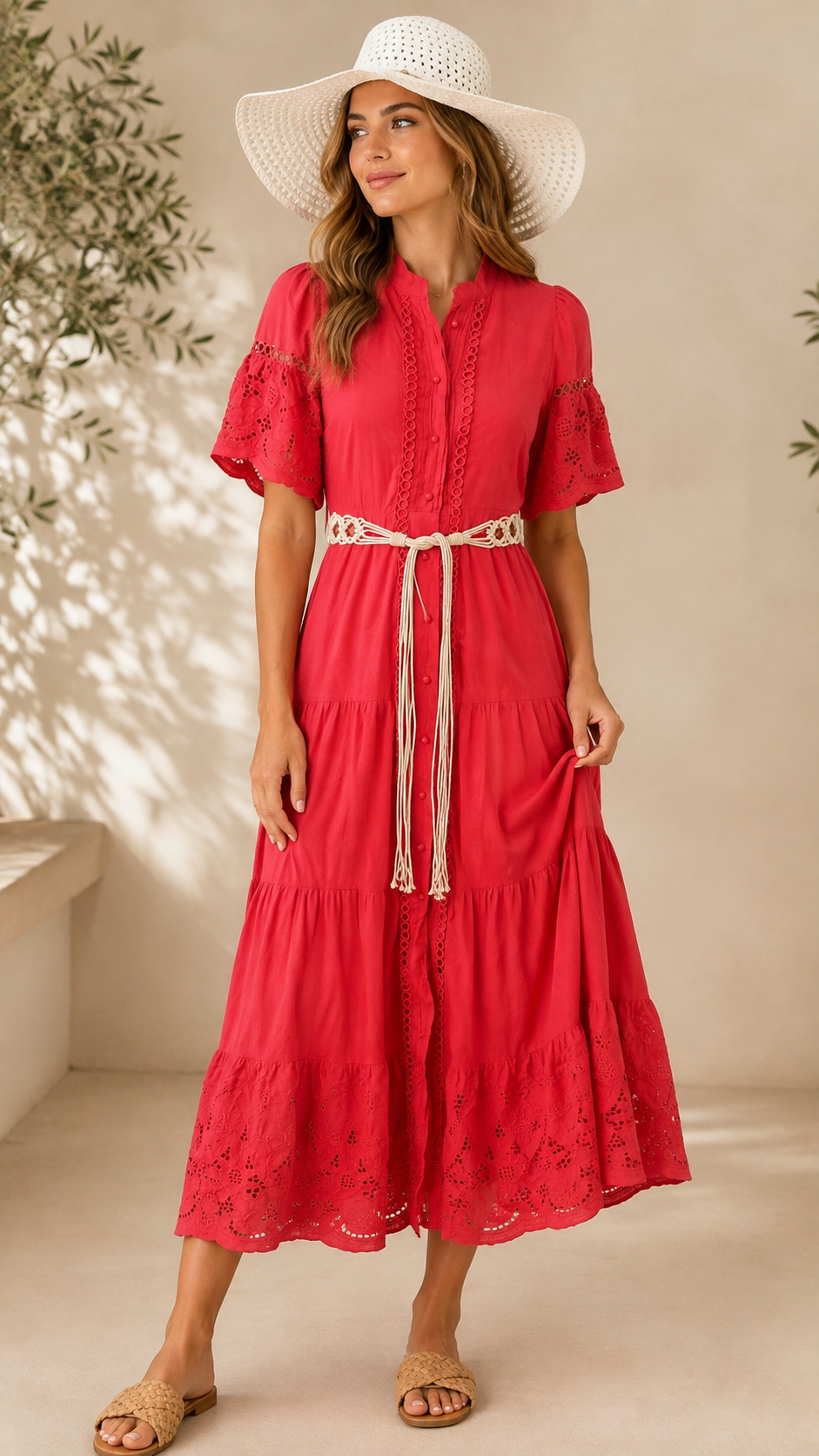 9-01 CHICWAYS Size S Red Eyelet Button Front Tiered Maxi Dress Belted