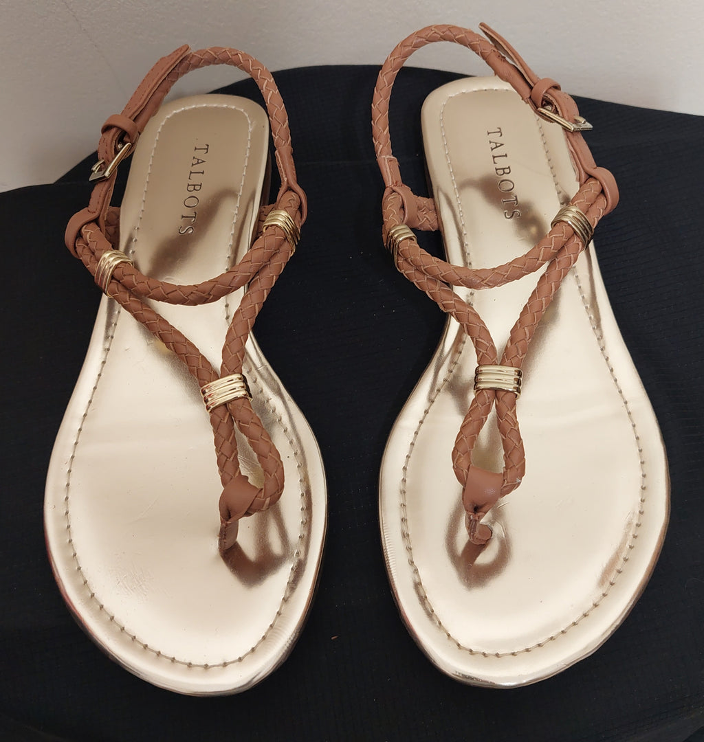 5 02 Talbots Flat Sandals 7.5M Braided Leather Metallic T-Strap