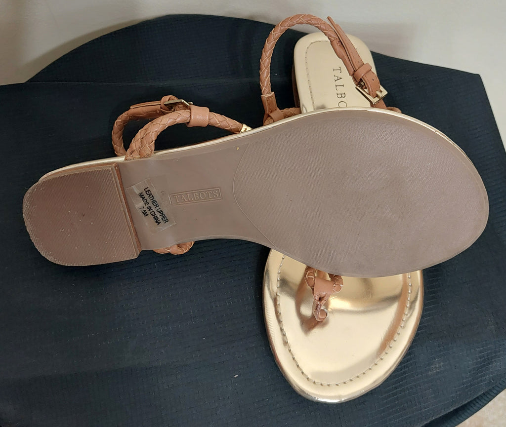 5 02 Talbots Flat Sandals 7.5M Braided Leather Metallic T-Strap