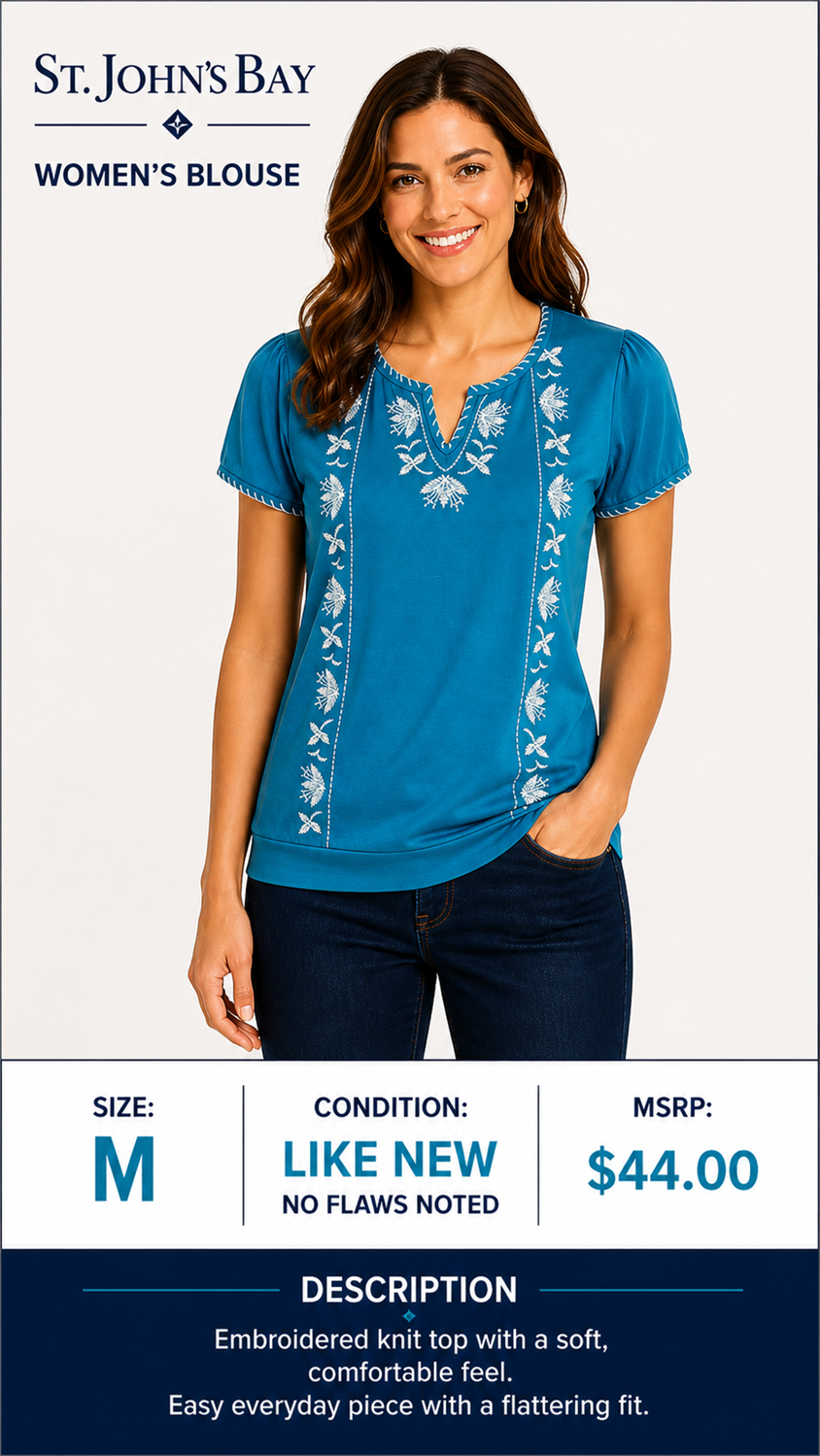 1 02 St. John's Bay Medium Blue Embroidered Blouse