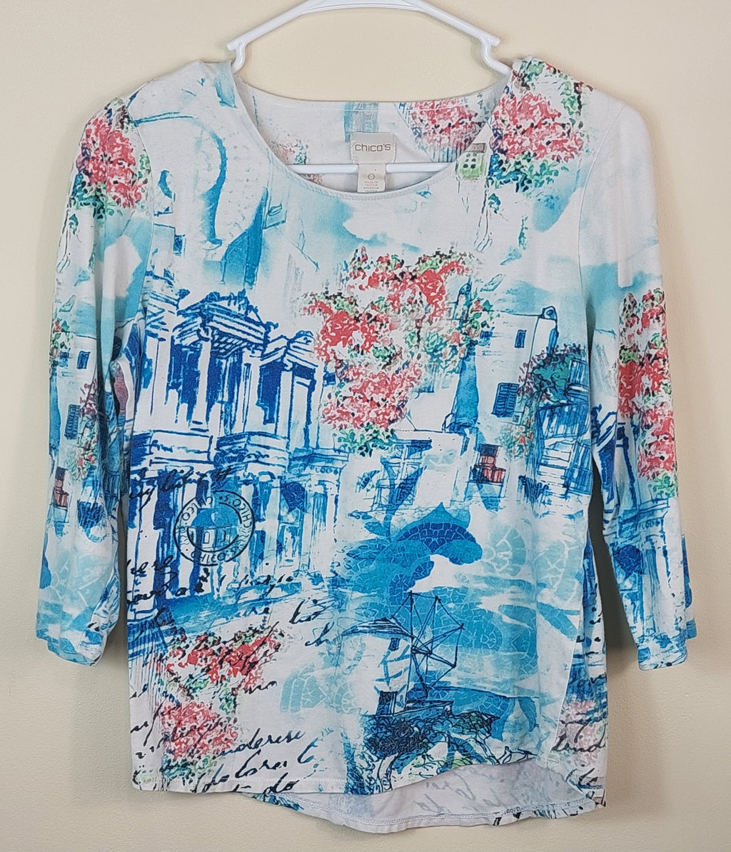 2 44 Chicos top .75 sleeve Watercolor print blue pink Size 0