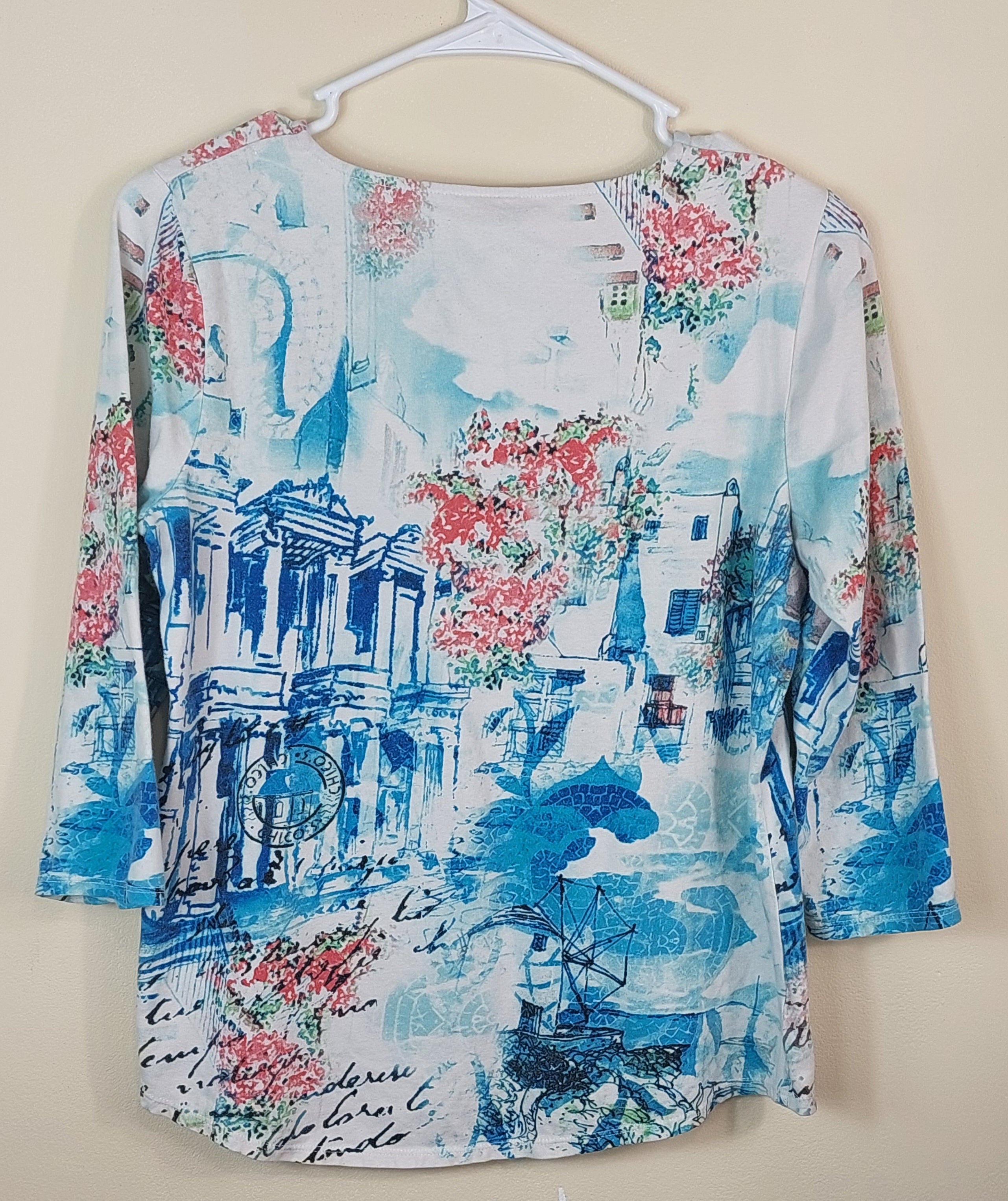 2 44 Chicos top .75 sleeve Watercolor print blue pink Size 0