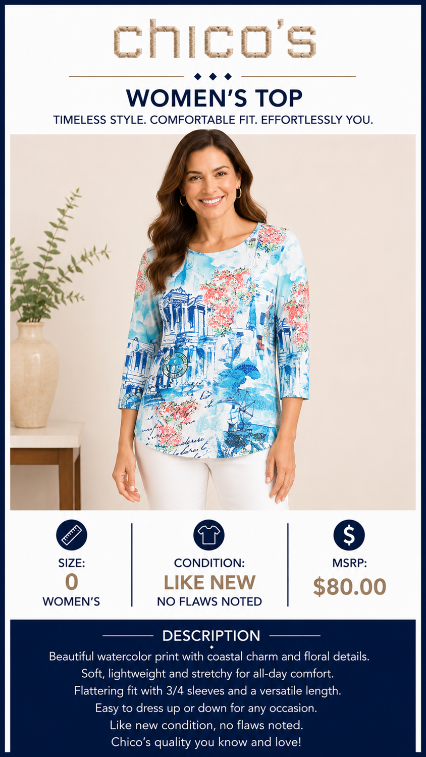 2 44 Chicos top .75 sleeve Watercolor print blue pink Size 0