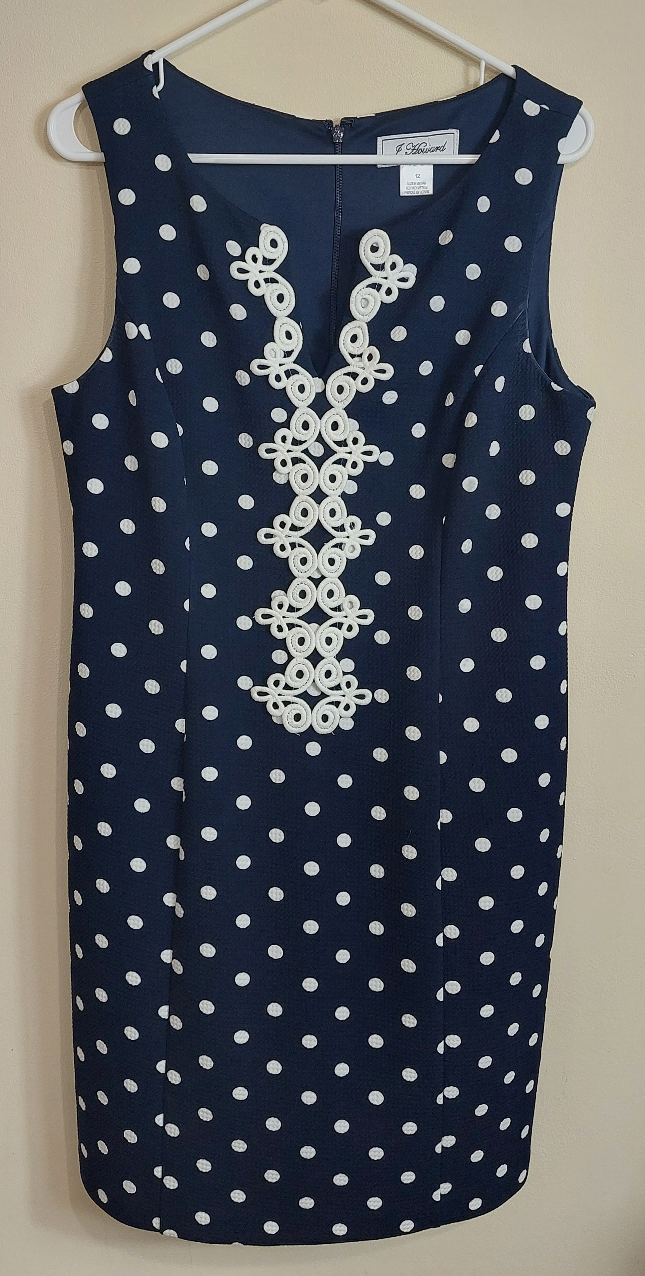 3 15 J Howard Size 12 Sleeveless Dress Navy Blue & White Polka Dot Print, Eyelash Trim Neckline  Classic Church, Vacation & Summer Event Dress