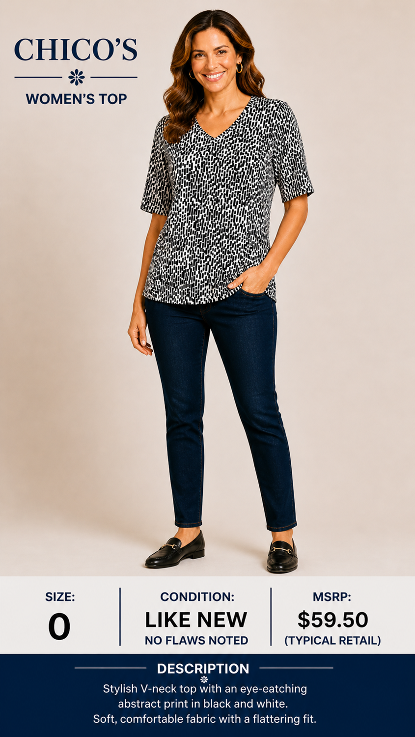 1 24 Chicos Top Decorative Black Retangles on White Patern Size 0
