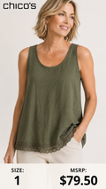 5 21 Chicos Olive Green Lace Hem Tank Top Size 1
