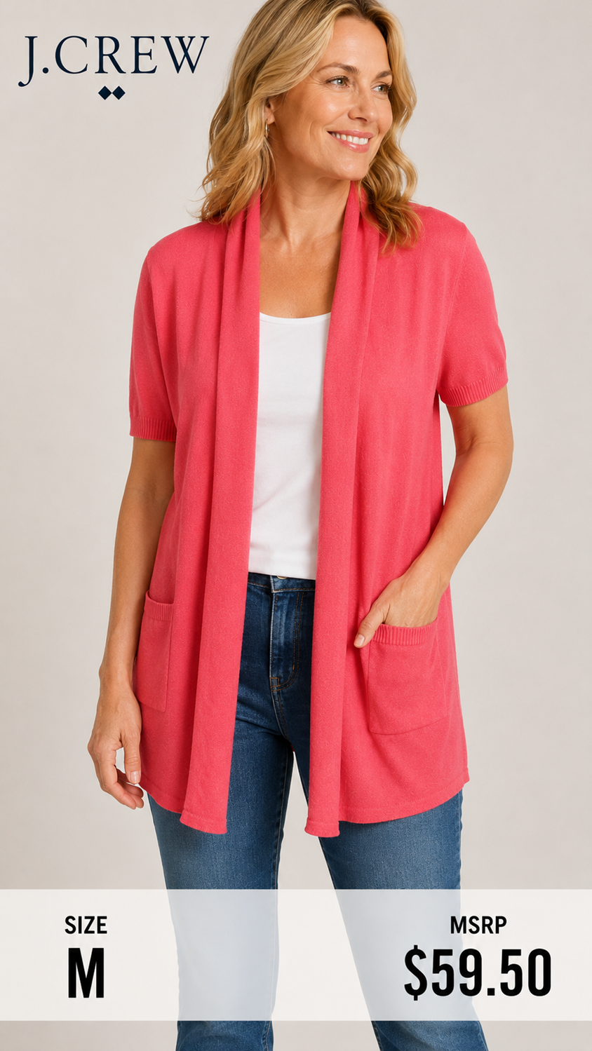 6 21 J Crew Size M Open Front Short Sleeve Cardigan Womens Pink