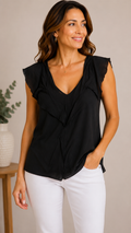9-21 CAbi Size Medium Black Raw Edge Ruffle V Neck Sleeveless Blouse Top