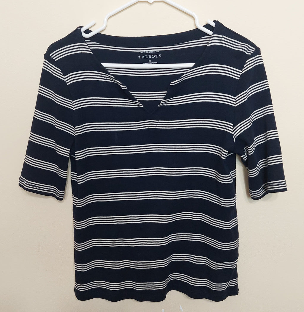 5 22 Talbots Navy White Stripe Split Neck Top Medium