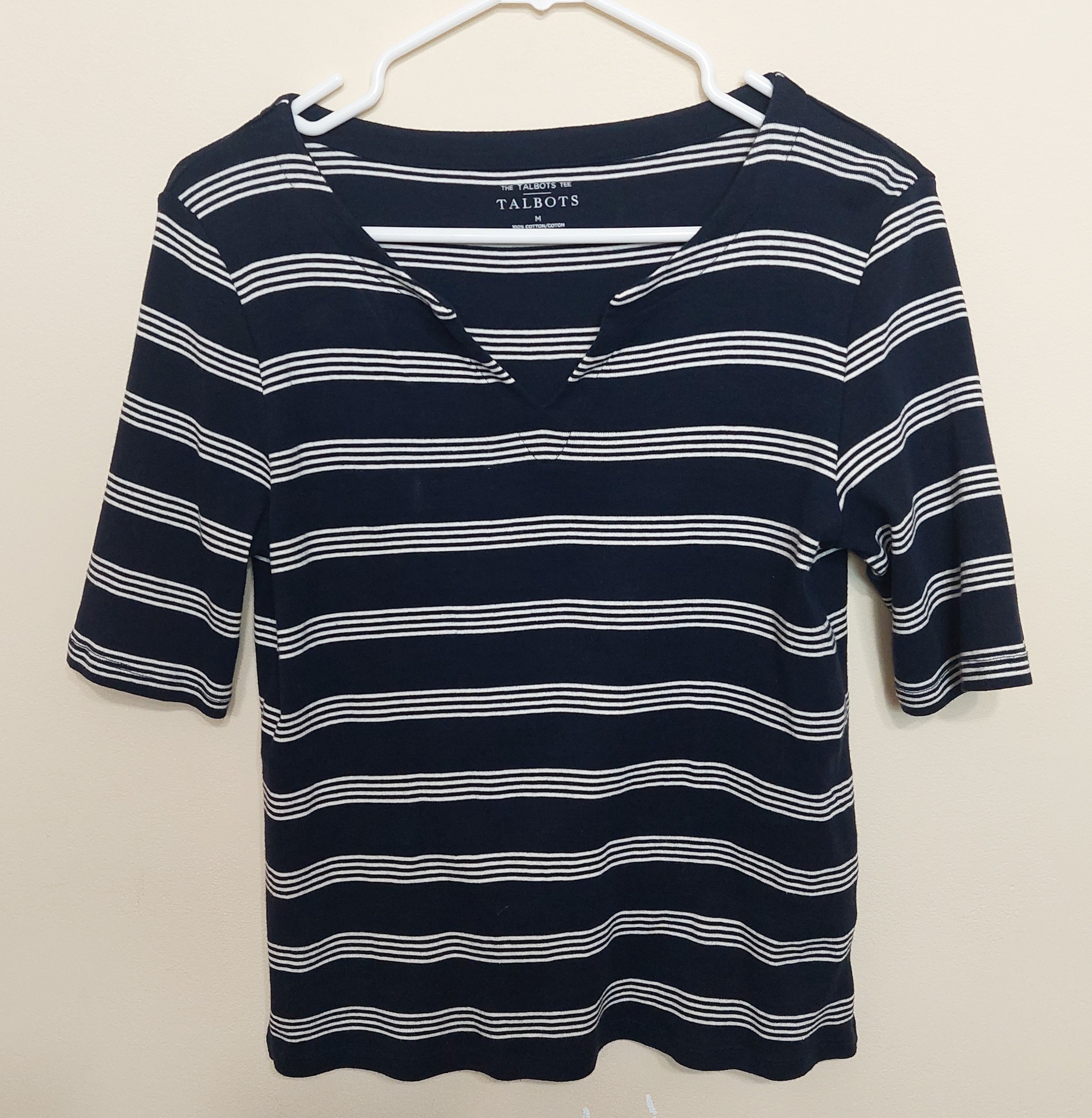 5 22 Talbots Navy White Stripe Split Neck Top Medium