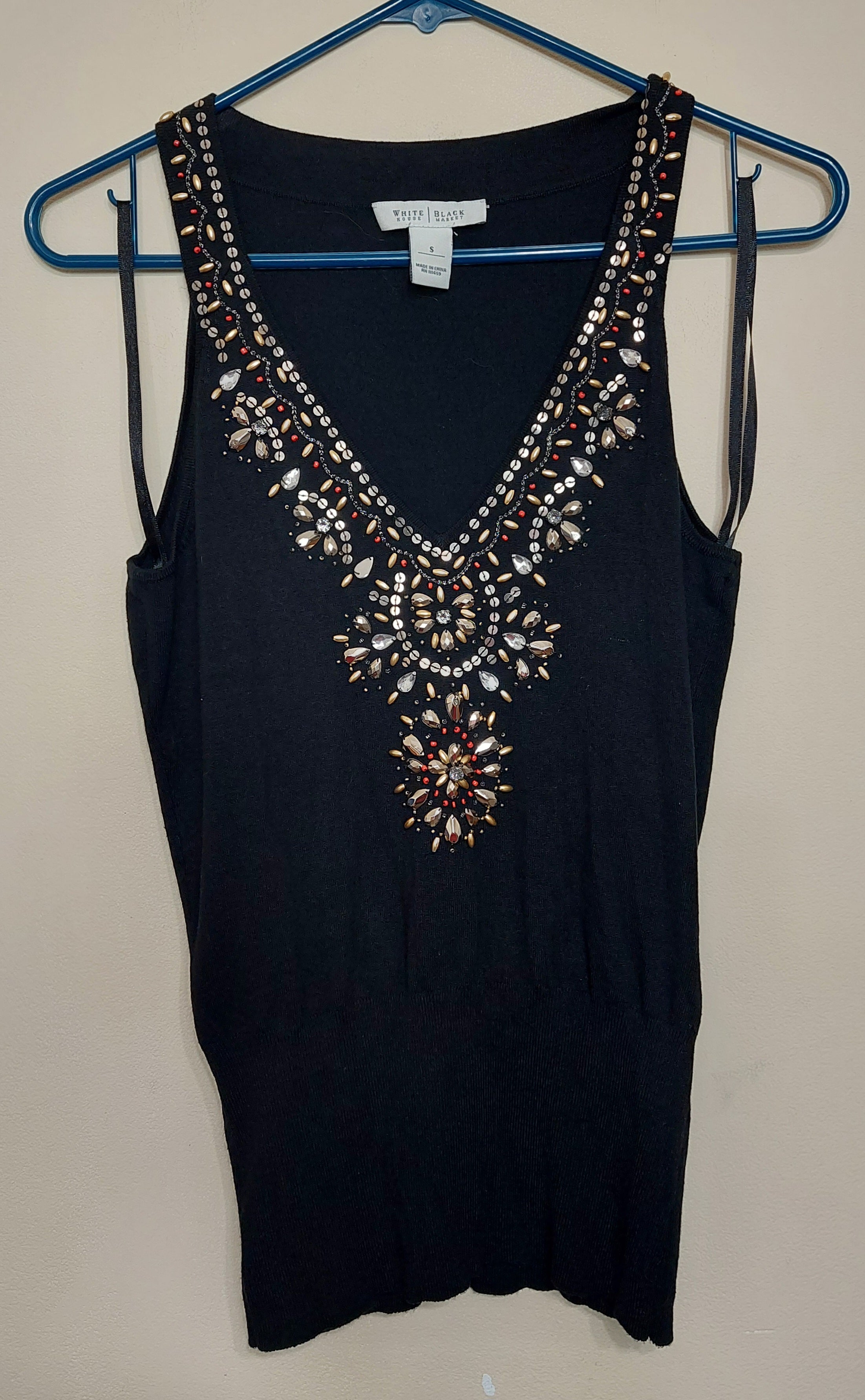 6 22 White House Black Market Size S Embellished Black Sleeveless Sweater Tank